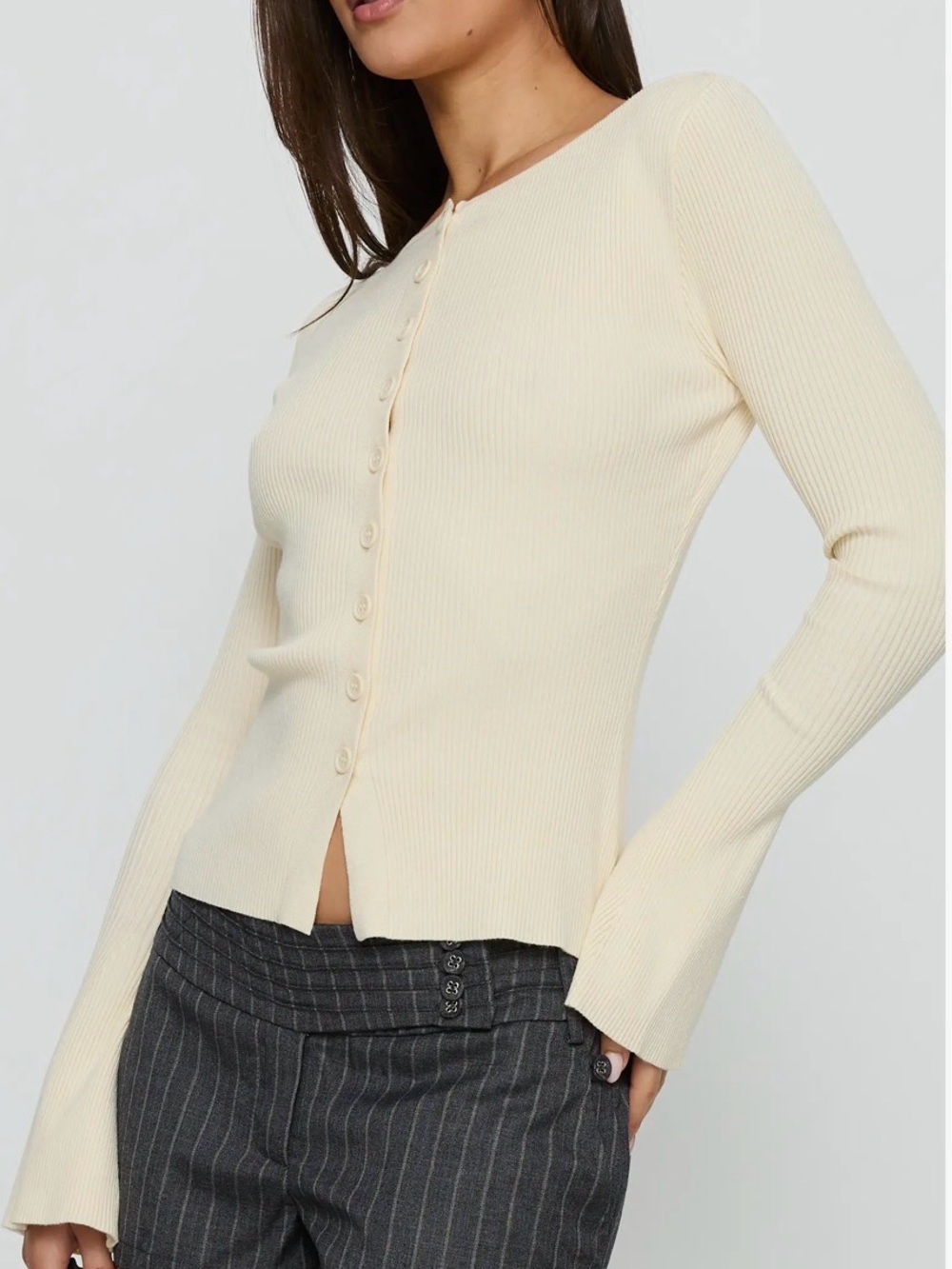 Princess Polly Tahnia Cream Ribbed Button-Up Cardigan